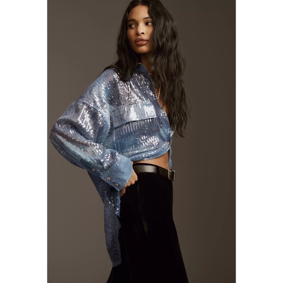 Anthropologie PILCRO Long-Sleeve Oversized Sequin Buttondown Blue Button Up XS - Picture 6 of 16